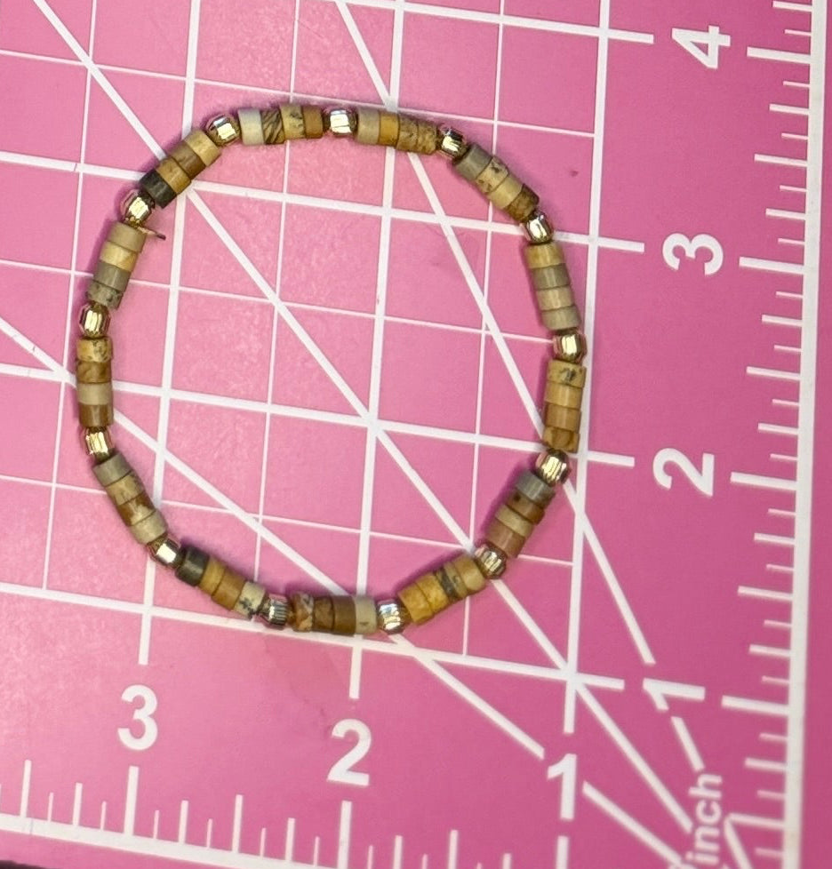 Vintage Boho Chic Cylinder Jasper & Gold Tone Beaded Bracelet