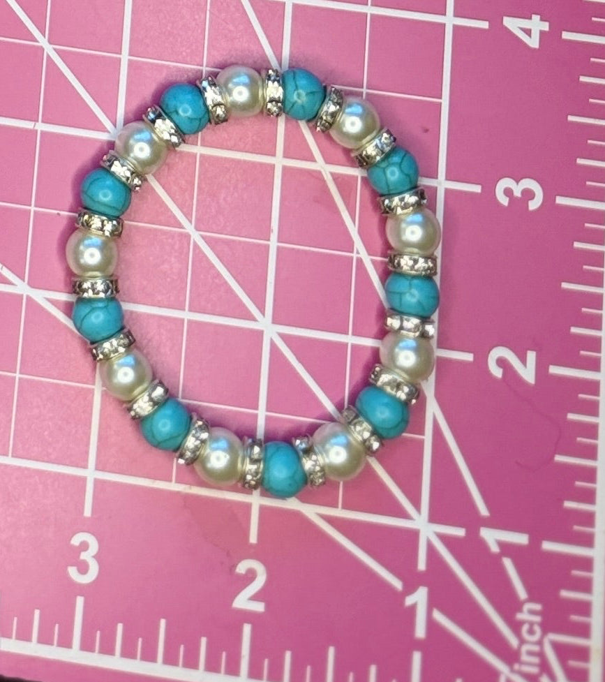 Vintage Faux Turquoise & Pearl Beaded Rhinestone Stretch Bracelet