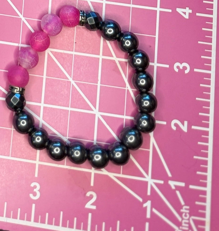 Contemporary Hematite & Pink Crackle Agate Beads Stretch Bracelet