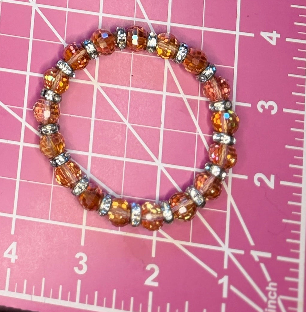 Vintage Amber Brown Faceted Crystal & Rhinestone Beaded Stretch Bracelet