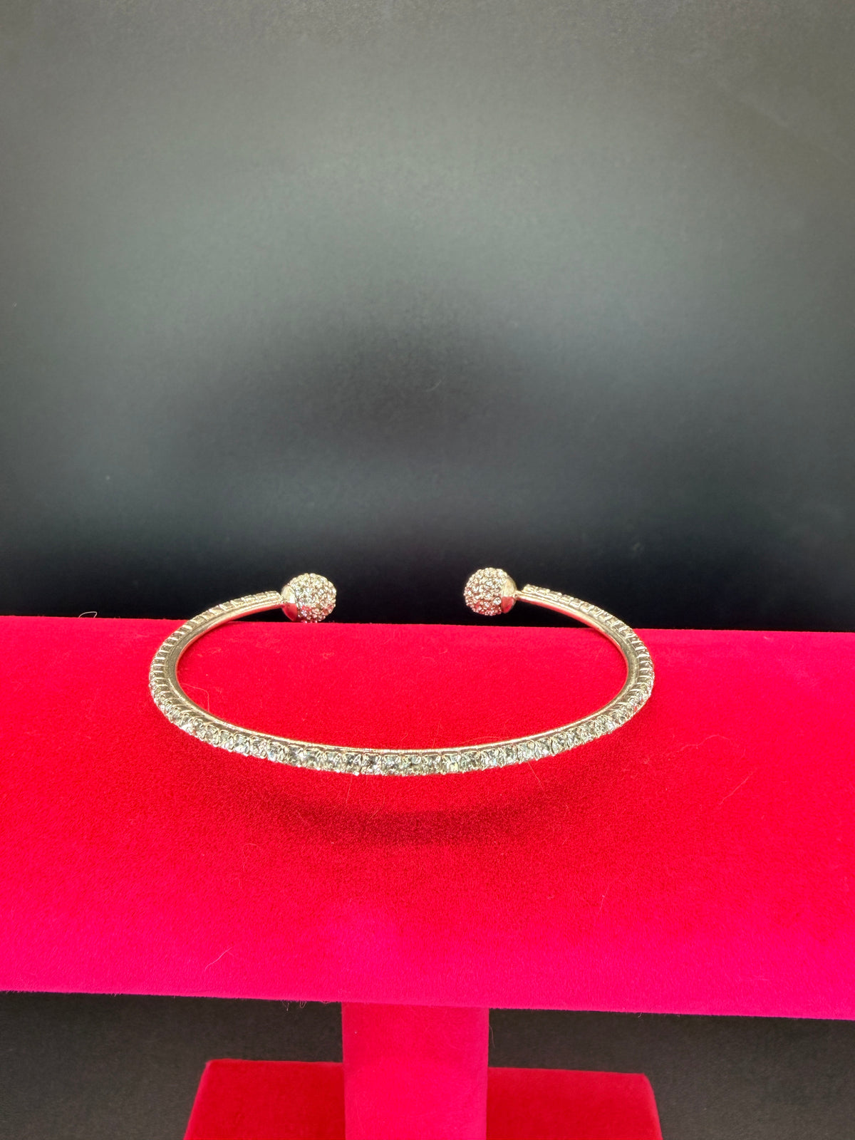 Silver Tone Cuff Bracelet w/ Pave' Crystal Channel & Sphere Finials