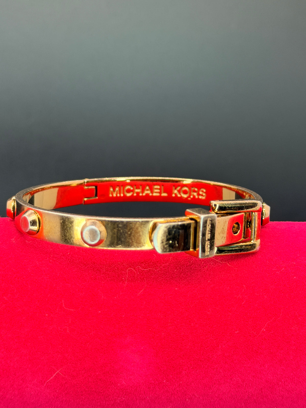 Michael Kors Gold Tone Astor Studded Buckle Hinged Bangle Bracelet