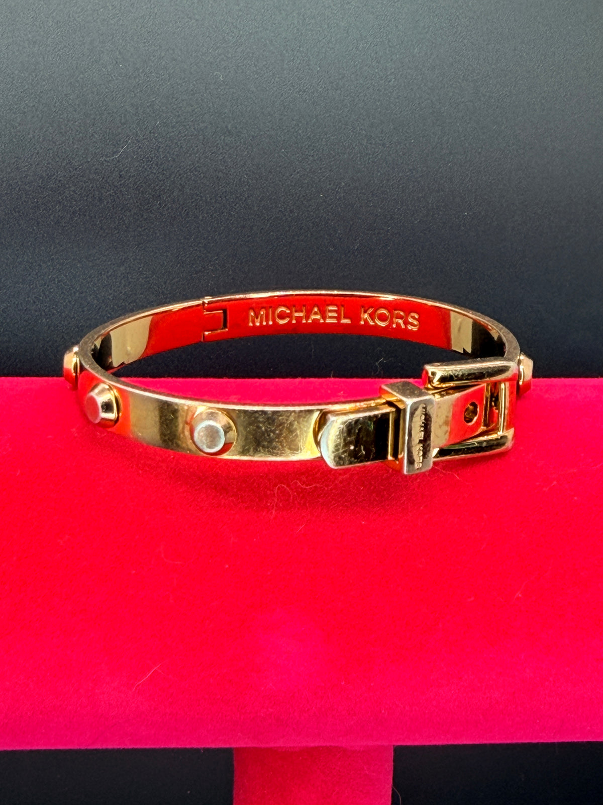Michael Kors Gold Tone Astor Studded Buckle Hinged Bangle Bracelet