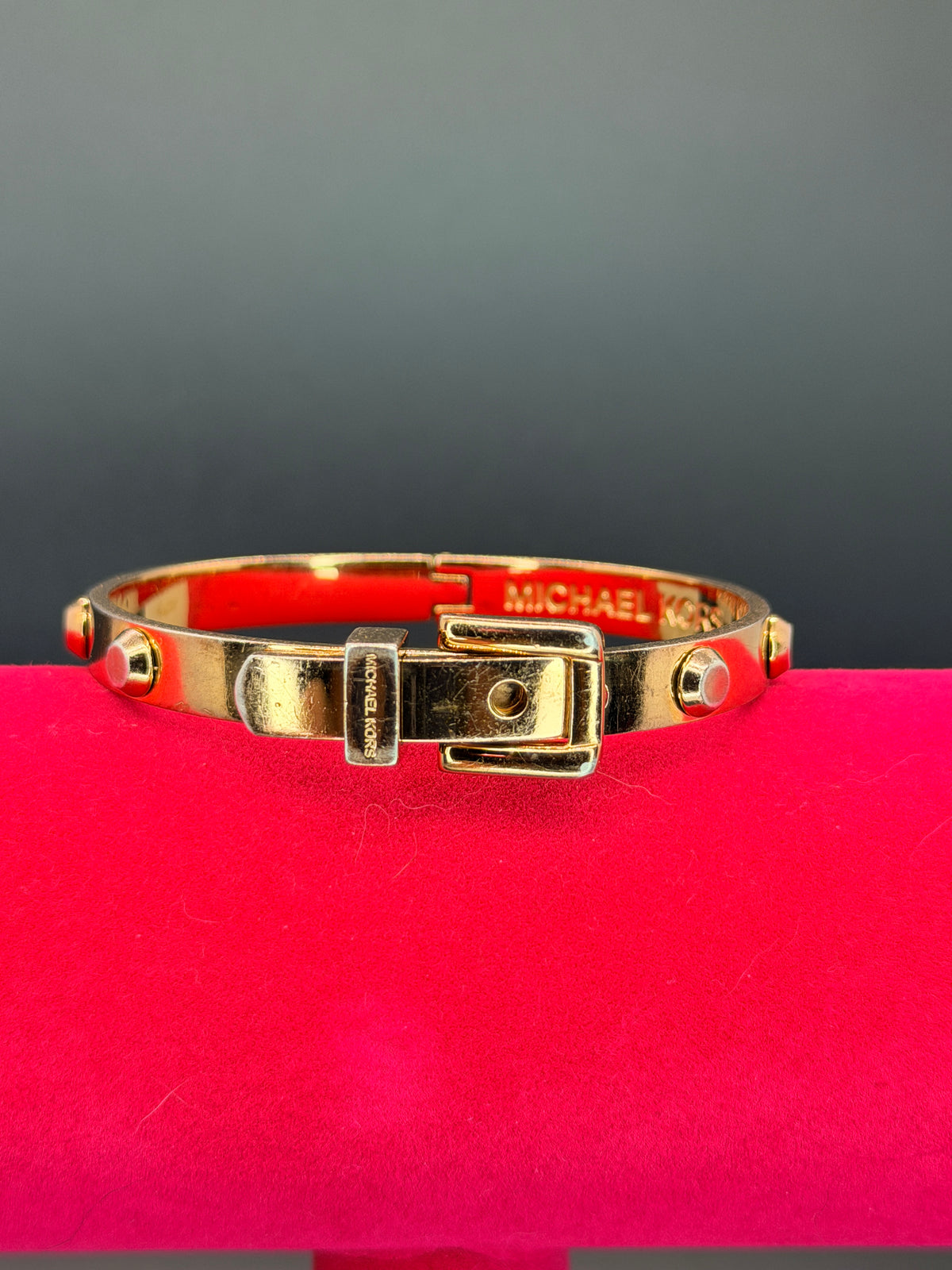 Michael Kors Gold Tone Astor Studded Buckle Hinged Bangle Bracelet
