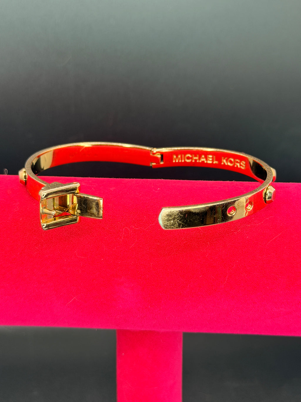 Michael Kors Gold Tone Astor Studded Buckle Hinged Bangle Bracelet
