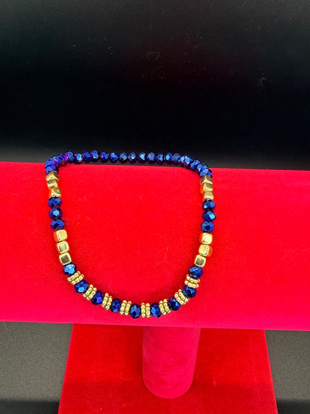 Vintage Faceted Cobalt Blue Crystal & Gold Tone Beaded Stretch Bracelet