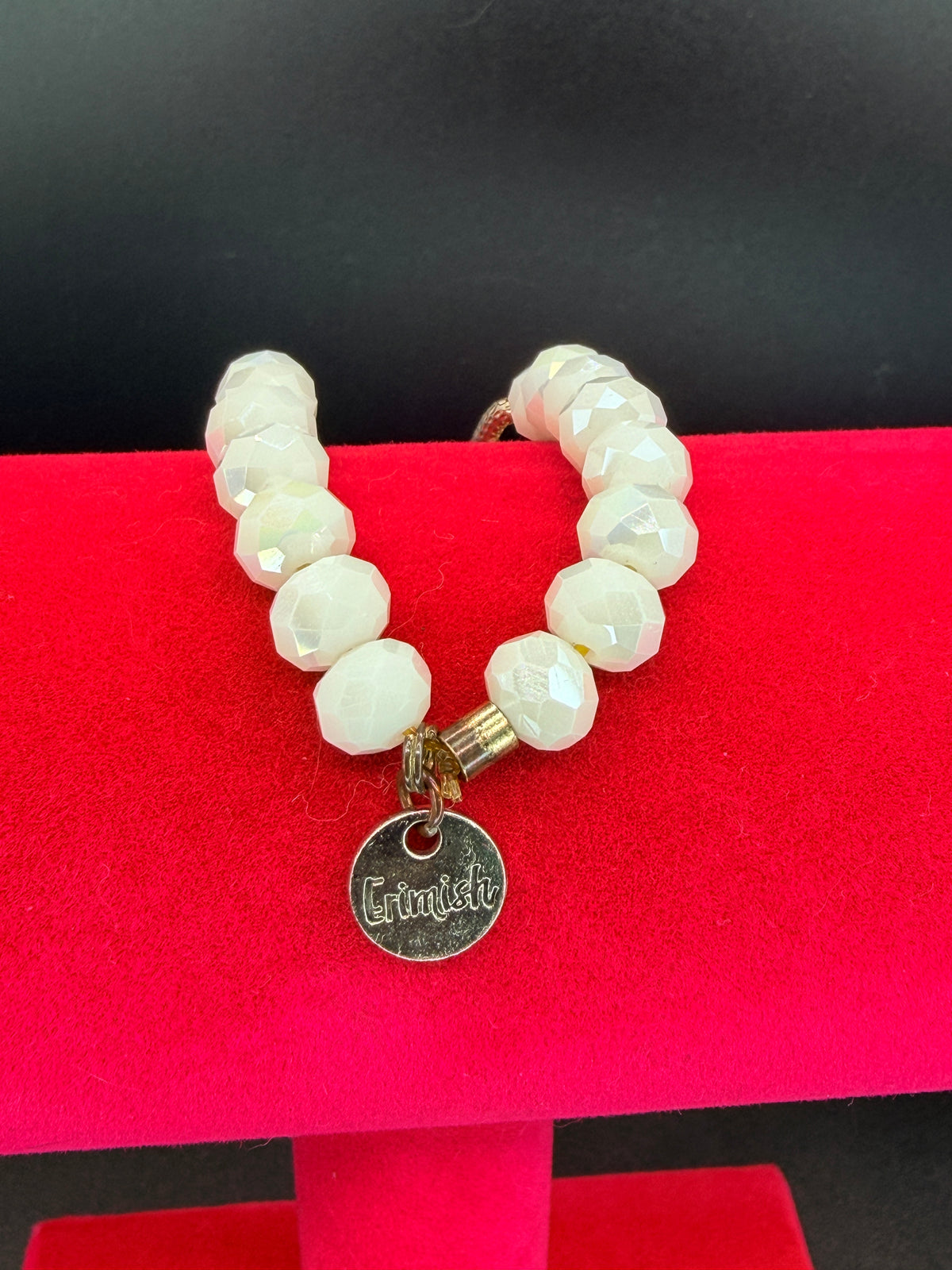 Erimish White Faceted Glass Beads w/ Silver Tone Chain Stretch Bracelet w/ Logo Charm