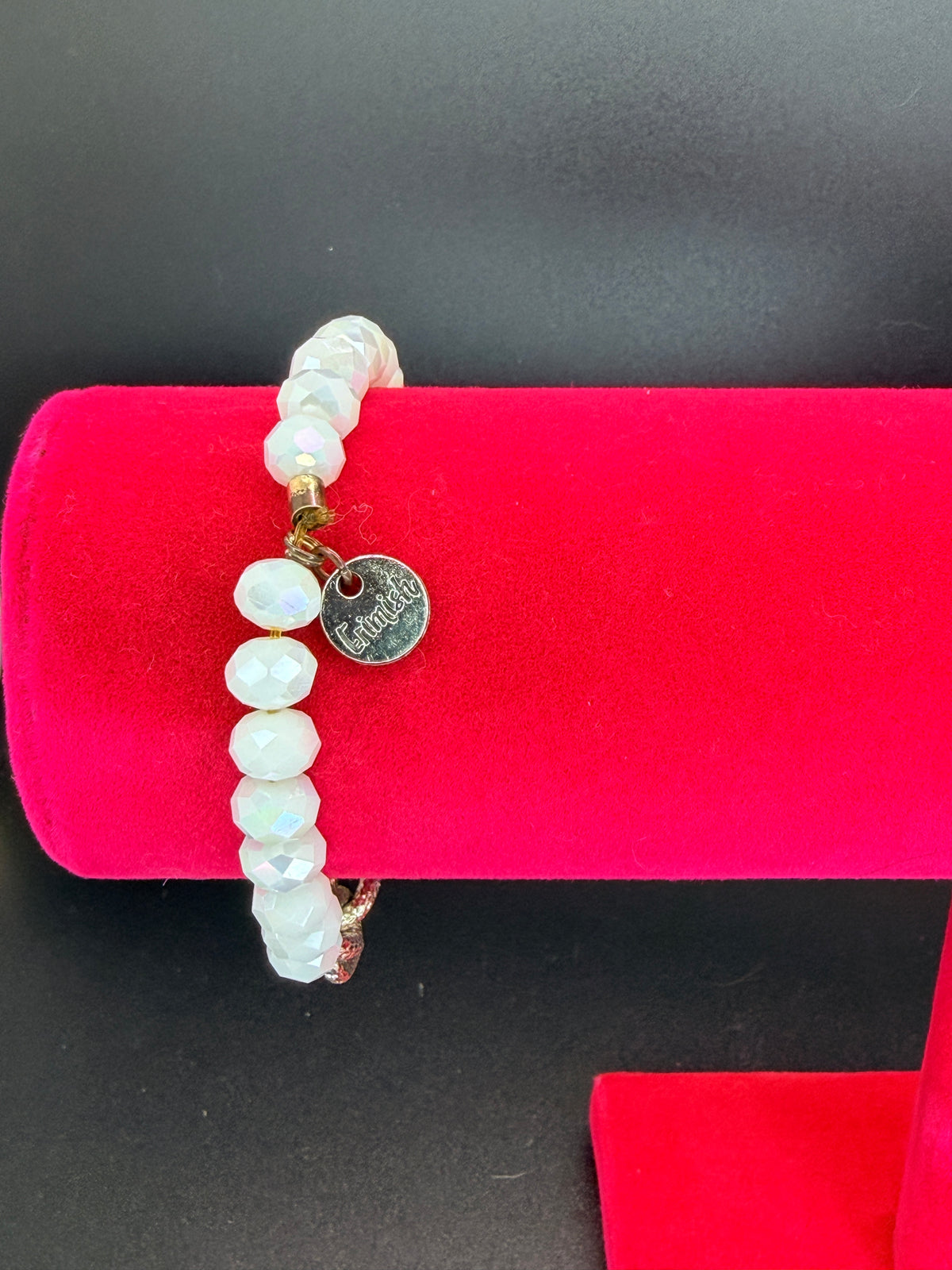 Erimish White Faceted Glass Beads w/ Silver Tone Chain Stretch Bracelet w/ Logo Charm