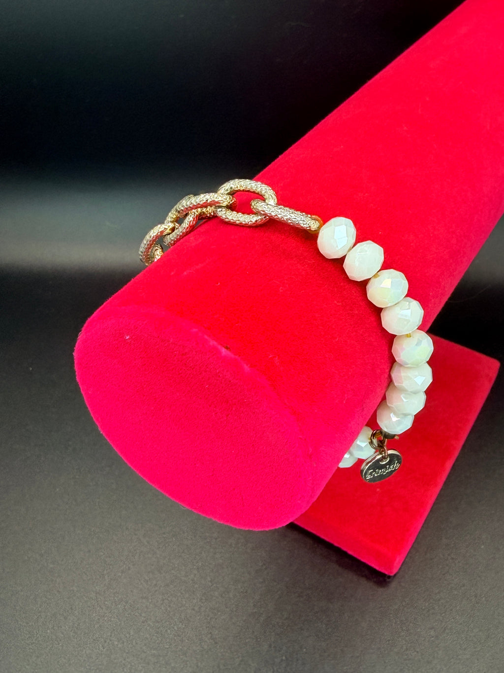 Erimish White Faceted Glass Beads w/ Silver Tone Chain Stretch Bracelet w/ Logo Charm