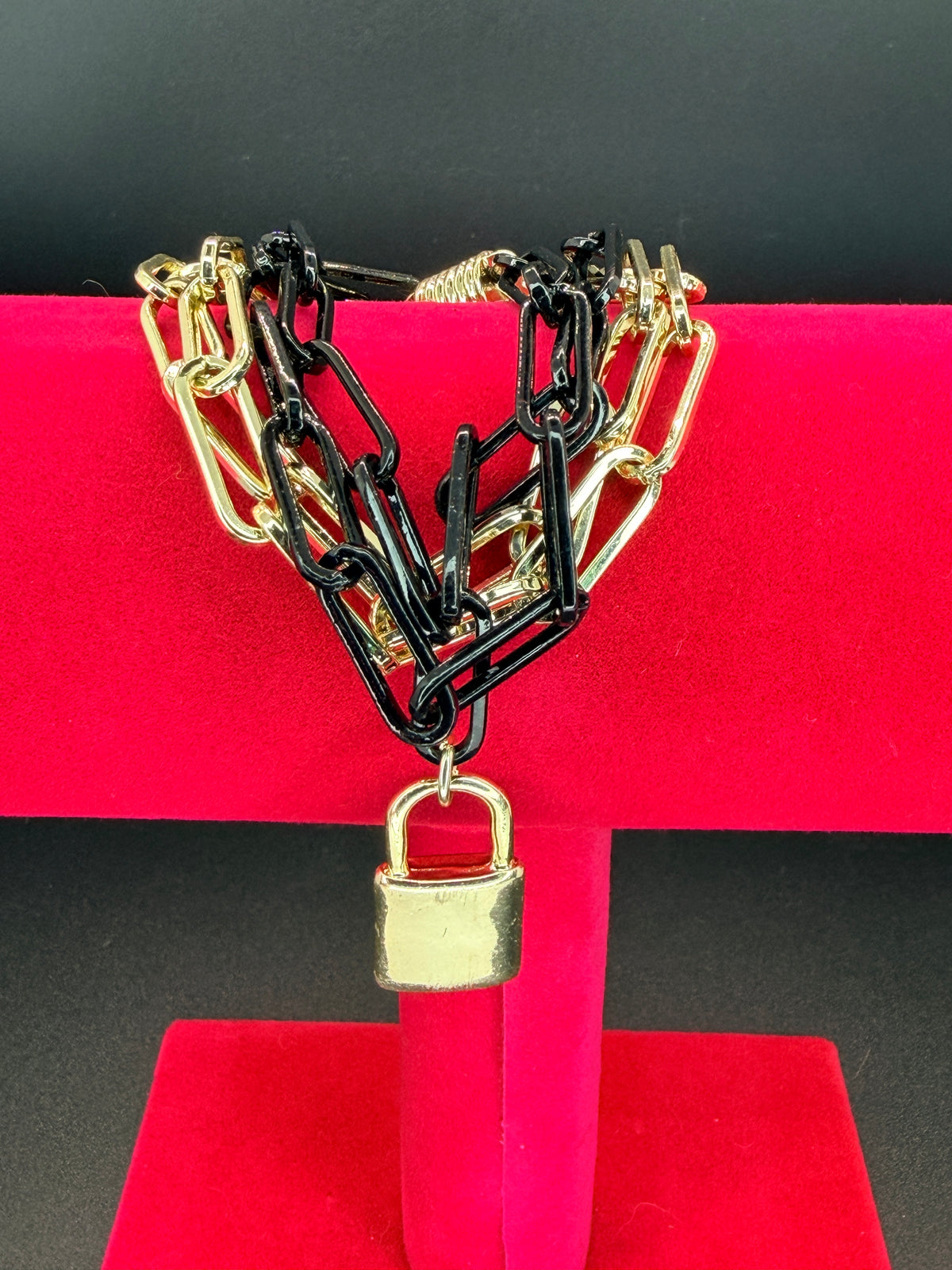 Vintage Two-Tone Gold & Black Link Chain Bracelet w/ Padlock Charm