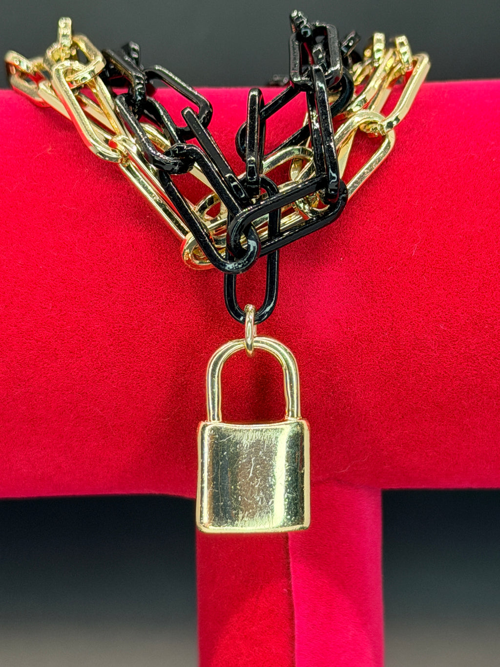 Vintage Two-Tone Gold & Black Link Chain Bracelet w/ Padlock Charm