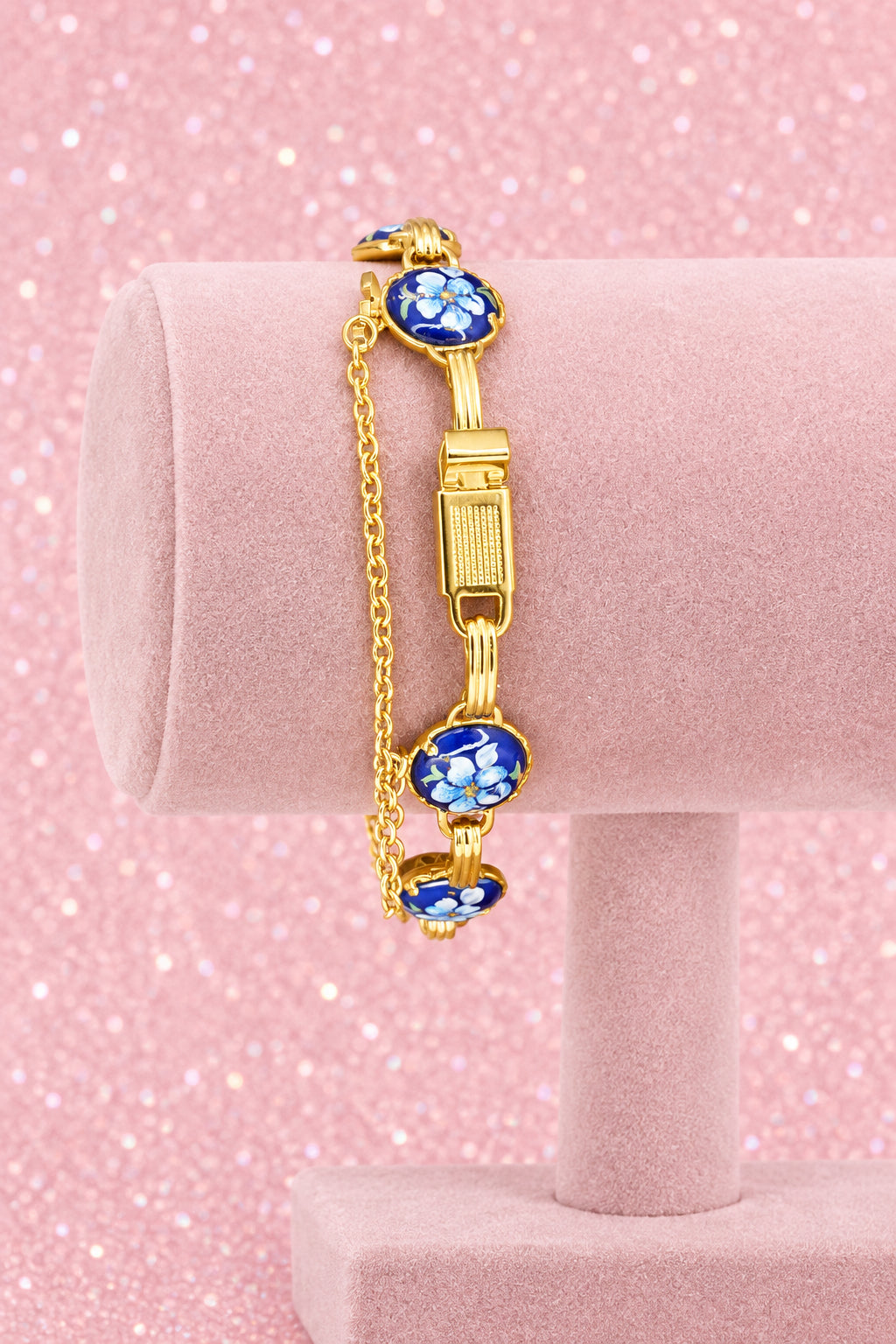 Vintage Gold Tone Link Bracelet Featuring Blue Enamel Floral Cabochons