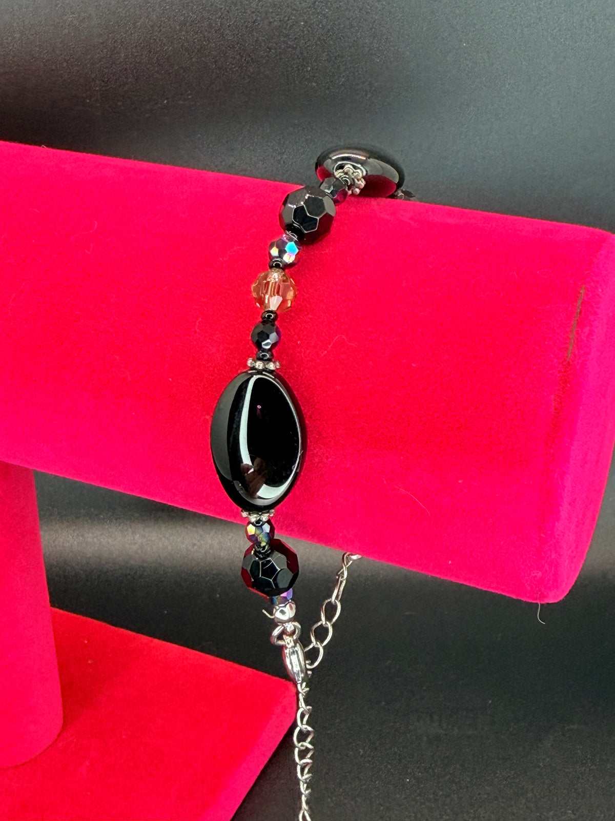 Vintage Silver Tone Black Agate & Multi-Faceted Crystal Beaded Bracelet