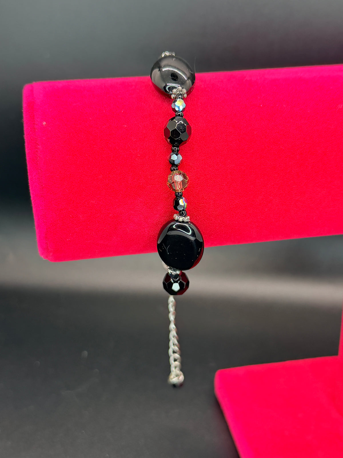 Vintage Silver Tone Black Agate & Multi-Faceted Crystal Beaded Bracelet