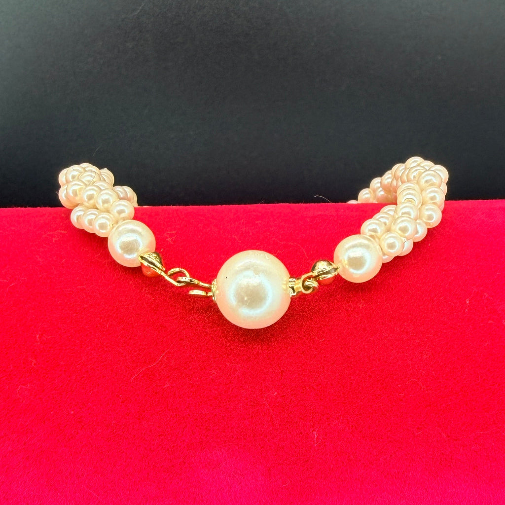 Vintage Triple-Strand Twisted Faux Pearl Necklace & Bracelet Set w/ Gold-Tone Clasp