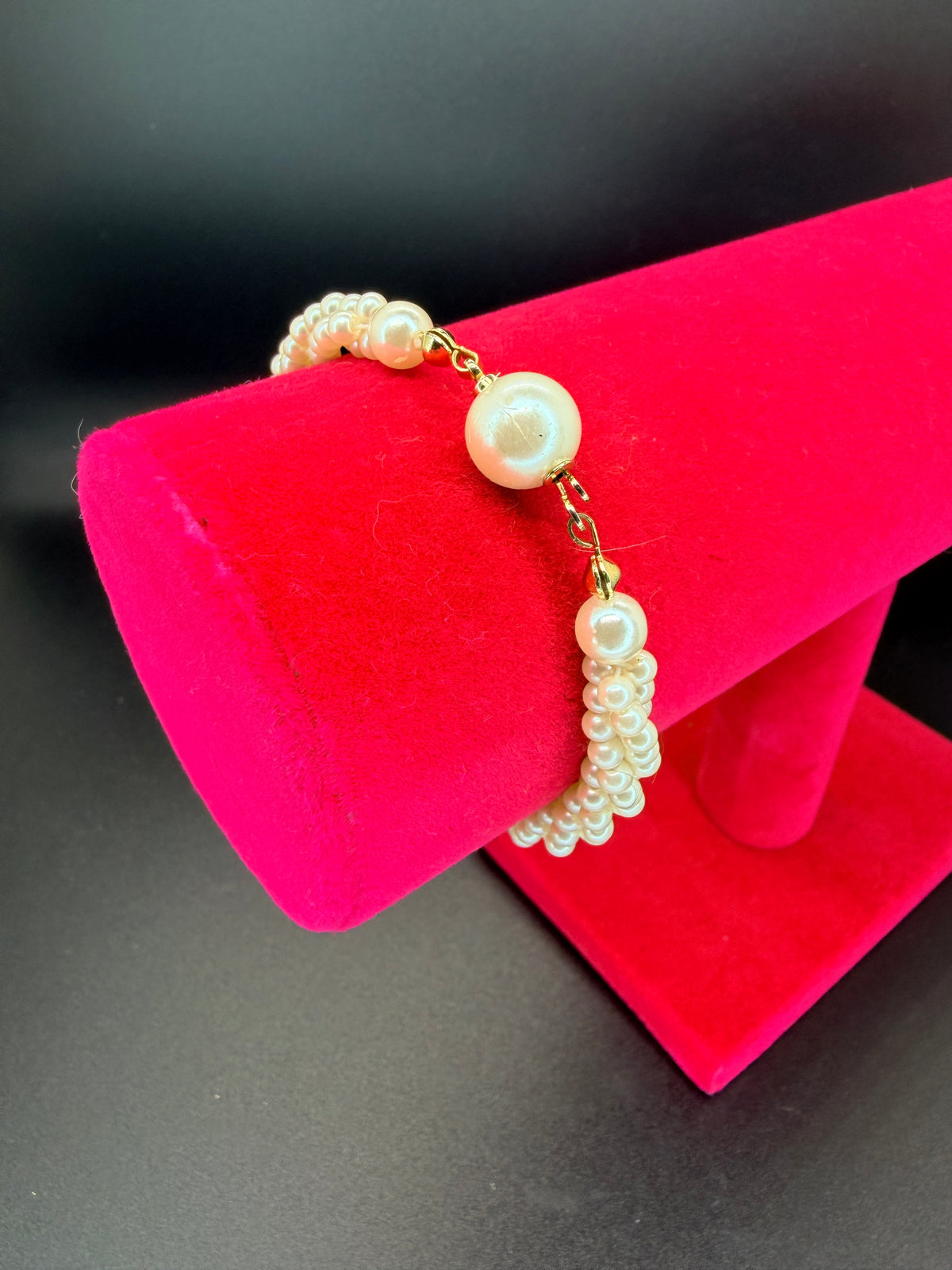 Vintage Triple-Strand Twisted Faux Pearl Necklace & Bracelet Set w/ Gold-Tone Clasp