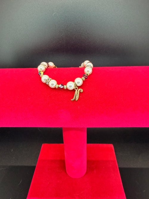 Handmade Faux Pearl & Crystal Beaded Child's Bracelet w/ Letter N Charm