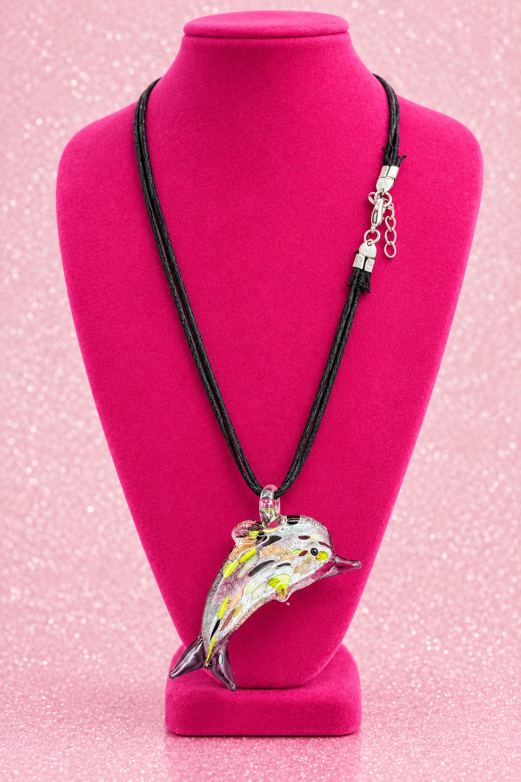 Vintage Mureno Glass Puffed Dolphin Pendant on Black Cord Necklace