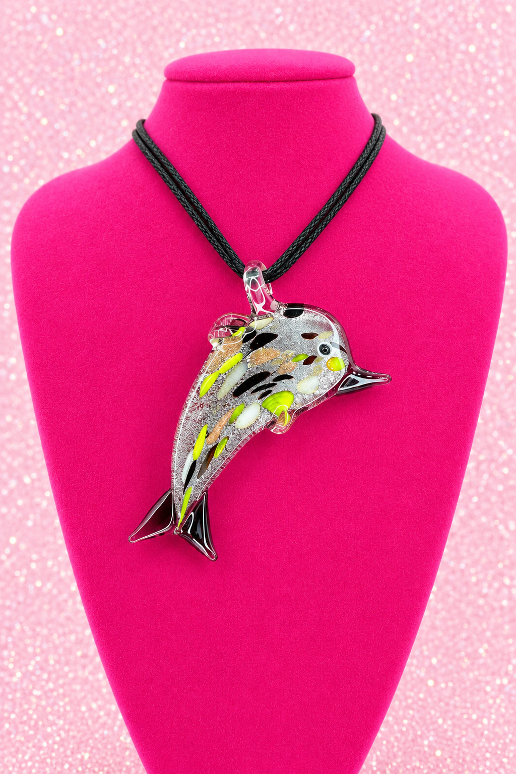 Vintage Mureno Glass Puffed Dolphin Pendant on Black Cord Necklace