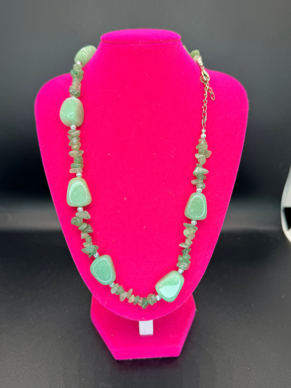 Vintage Green Aventurine Chip & Polished Bead Necklace w/ Silver Accents