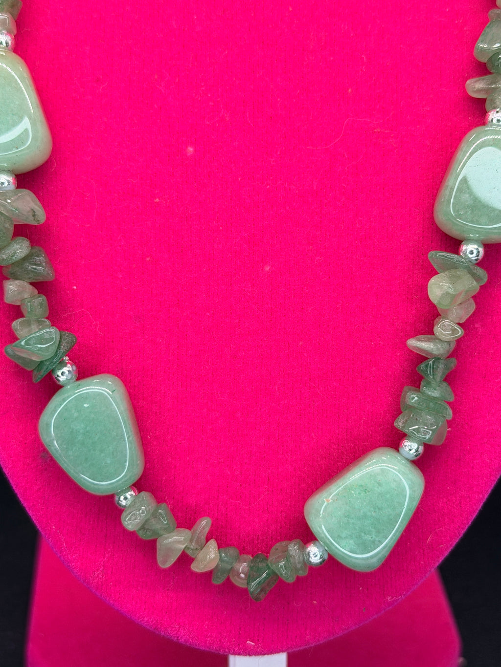 Vintage Green Aventurine Chip & Polished Bead Necklace w/ Silver Accents