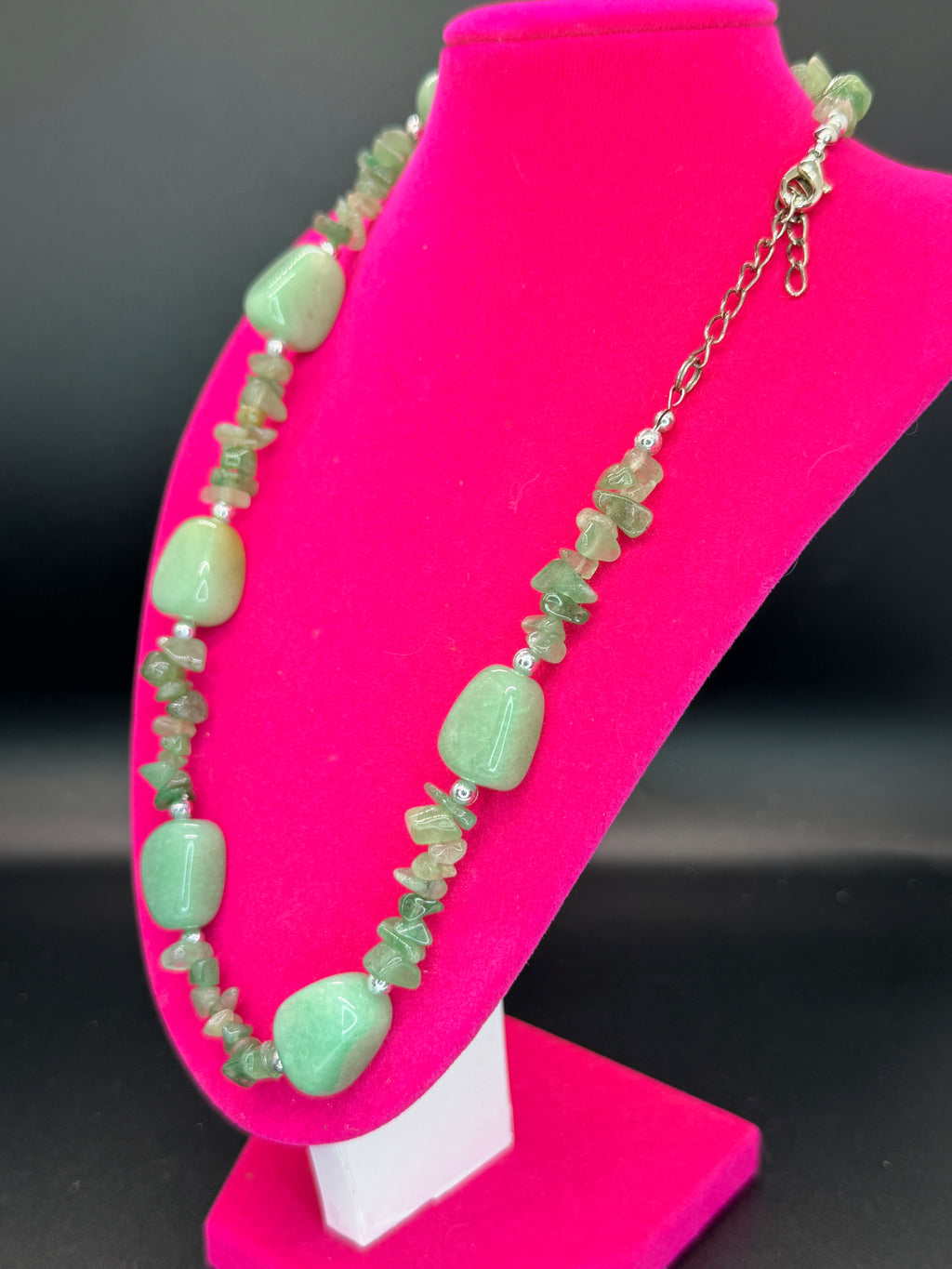 Vintage Green Aventurine Chip & Polished Bead Necklace w/ Silver Accents