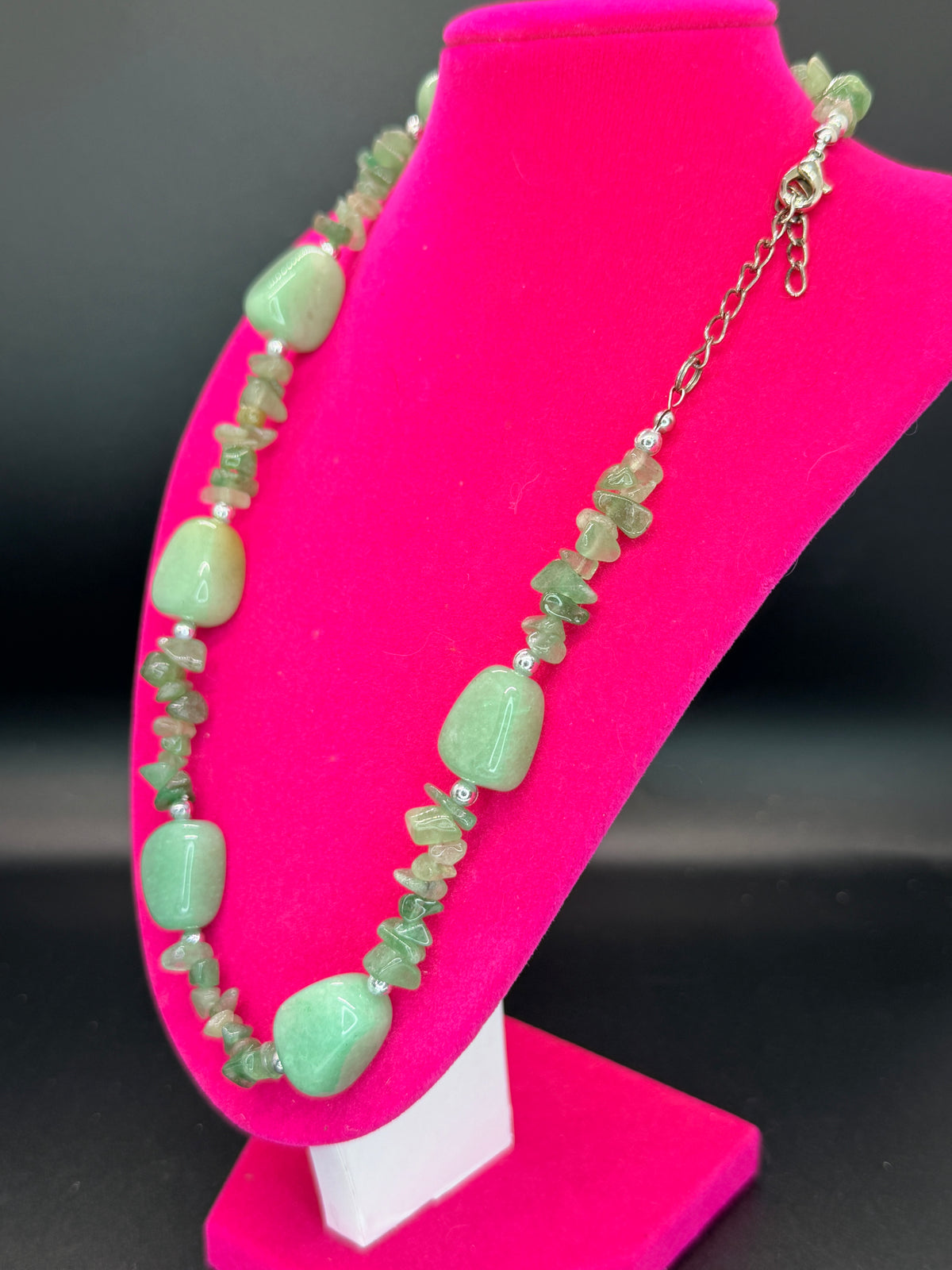 Vintage Green Aventurine Chip & Polished Bead Necklace w/ Silver Accents