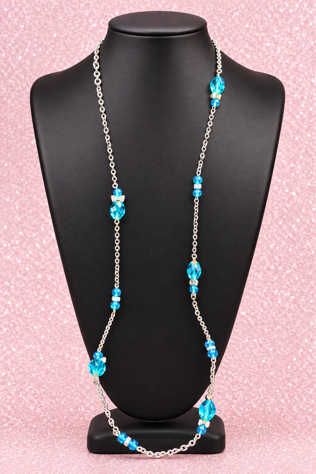 Vintage Long Silver Tone Chain Necklace w/ Blue Faceted Glass Beads