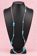 Vintage Long Silver Tone Chain Necklace w/ Blue Faceted Glass Beads