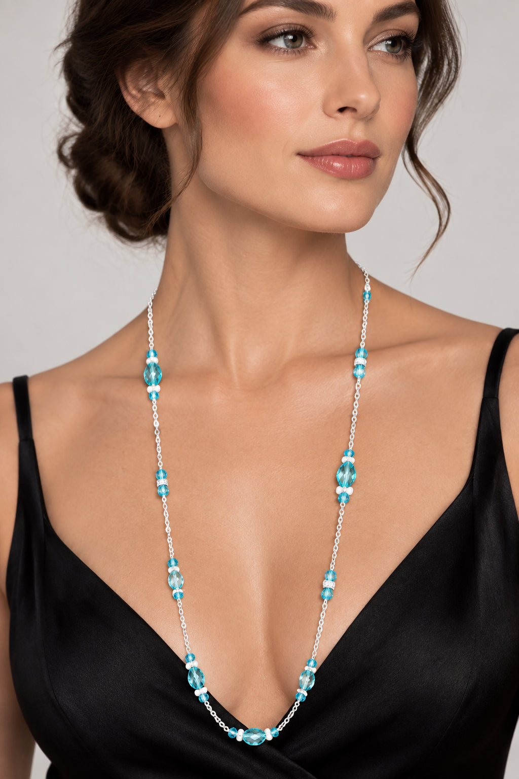 Vintage Long Silver Tone Chain Necklace w/ Blue Faceted Glass Beads