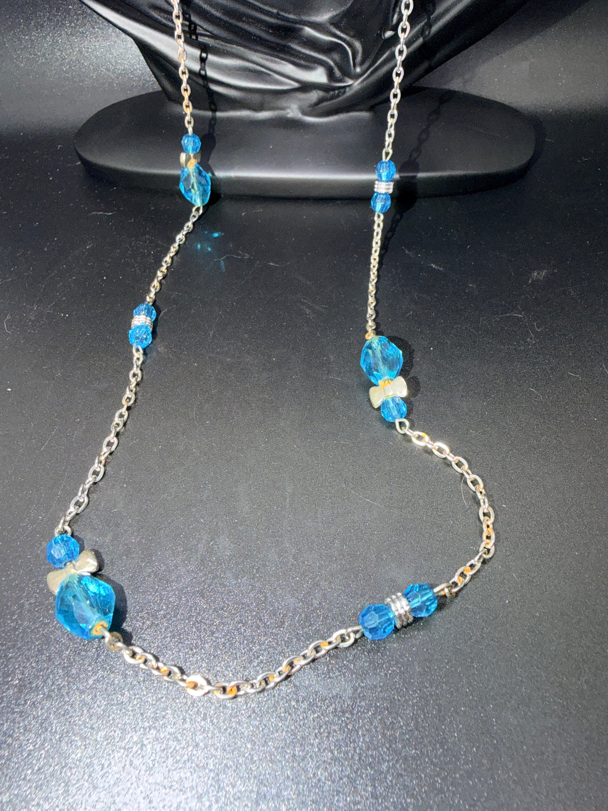 Vintage Long Silver Tone Chain Necklace w/ Blue Faceted Glass Beads