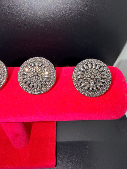 Antique French Jet Multifaceted Black Glass Buttons w/ Silver Luster Finish Set of 5