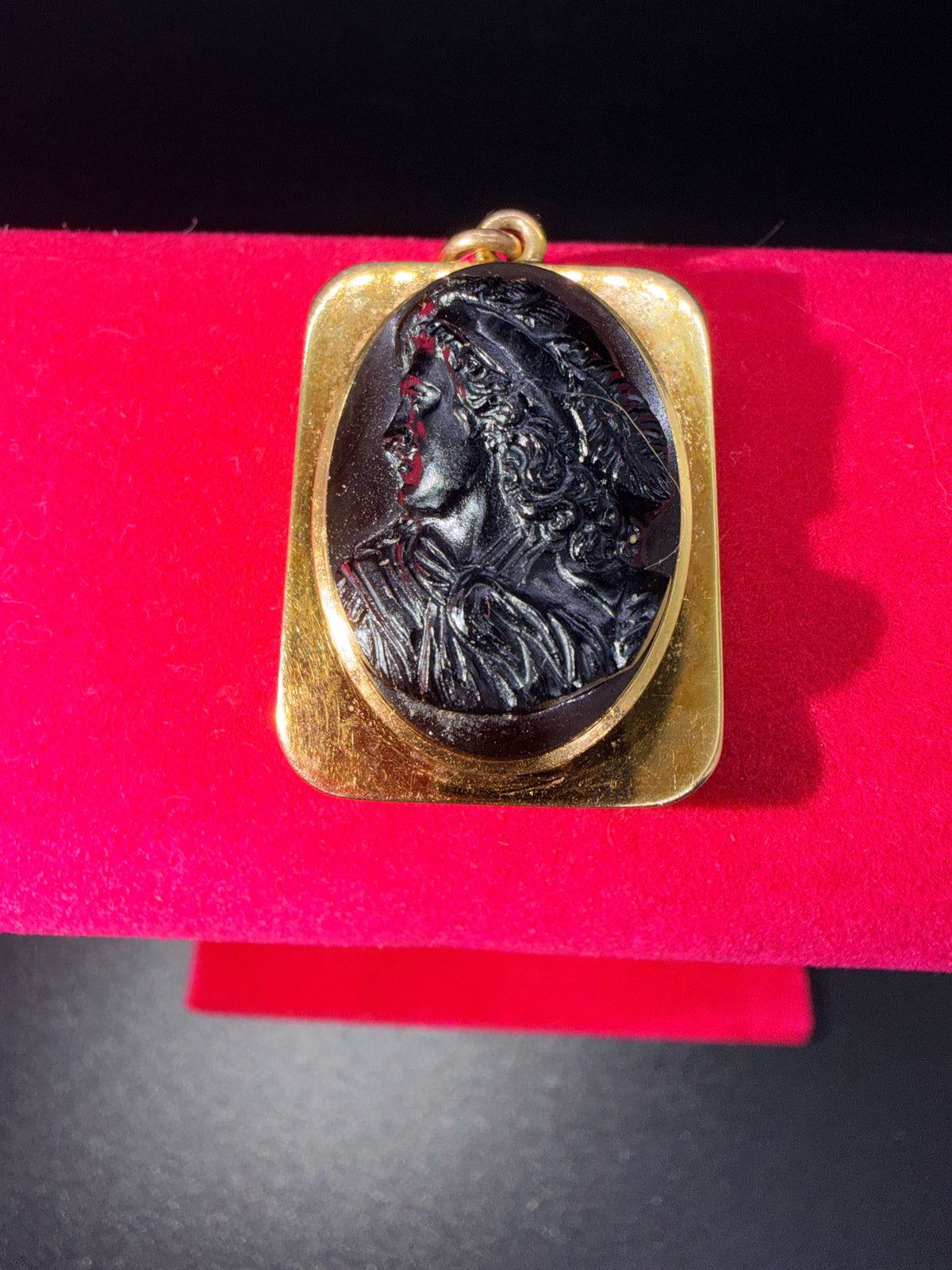 Victorian Era Black Glass Cameo Pendant in Gold Tone Setting