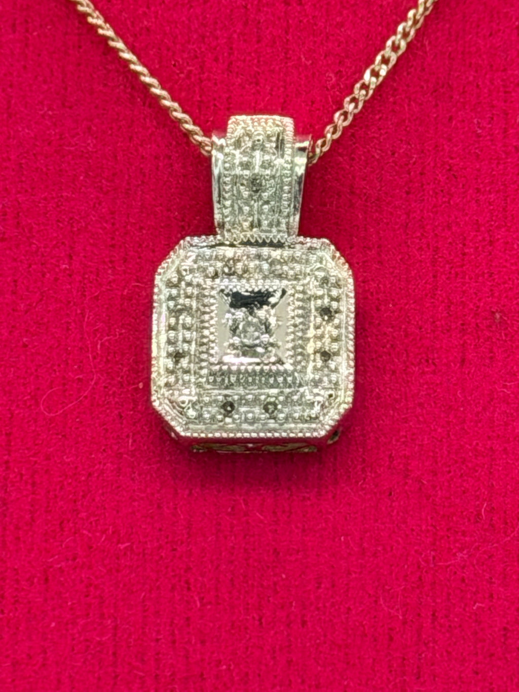 Vintage 10K White Gold & Diamonds Pave Square Cluster Pendant on Sterling Silver Necklace w/ Matching 10k White Gold & Diamonds Ring