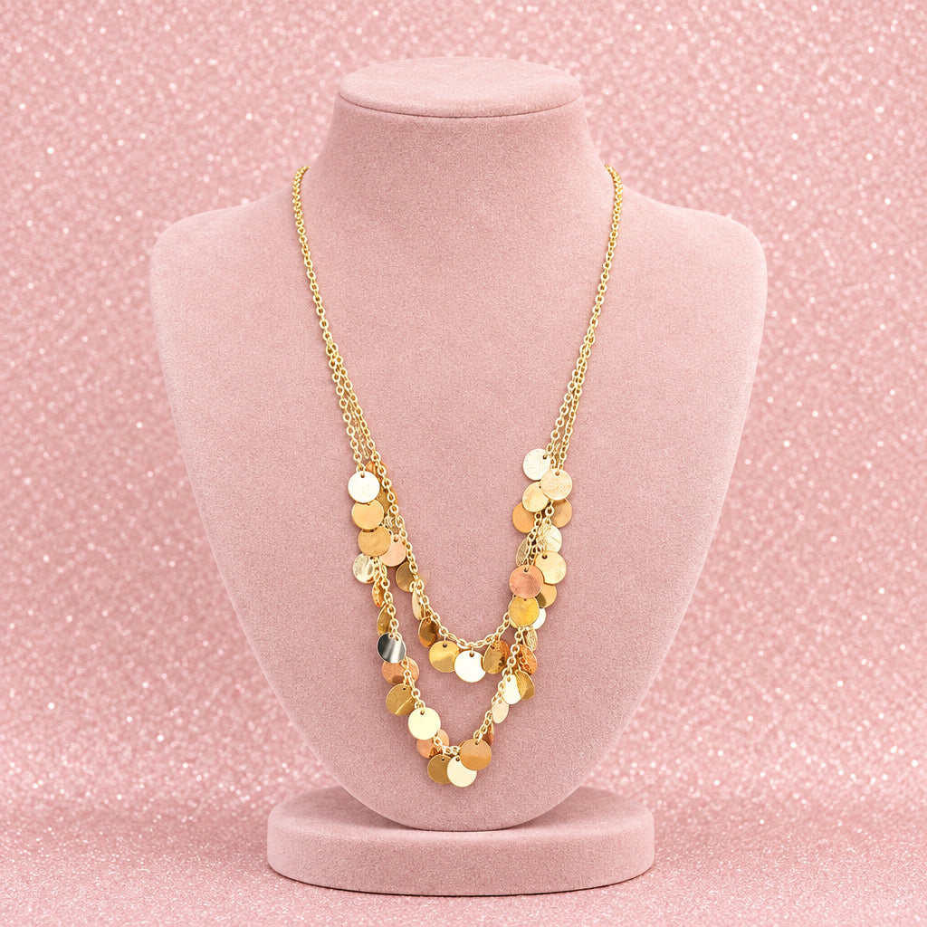 Modern Multi-Tone Metallic Disc Layered Statement Necklace