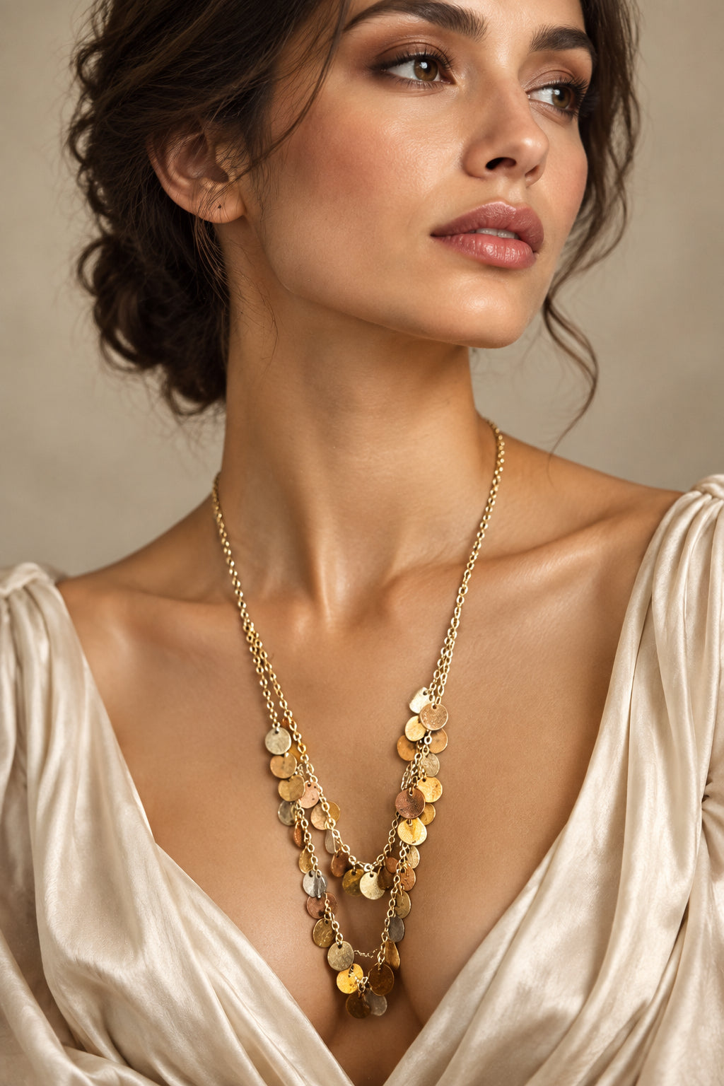 Modern Multi-Tone Metallic Disc Layered Statement Necklace
