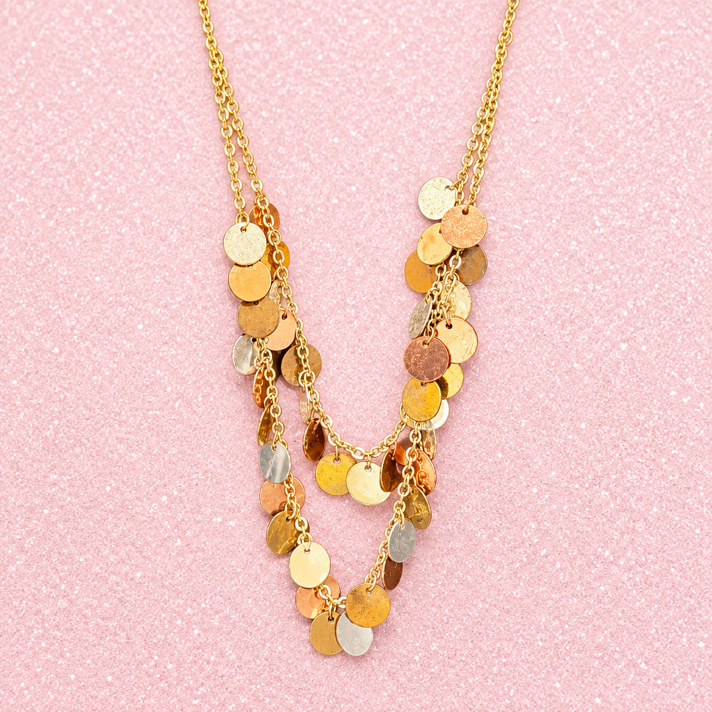 Modern Multi-Tone Metallic Disc Layered Statement Necklace