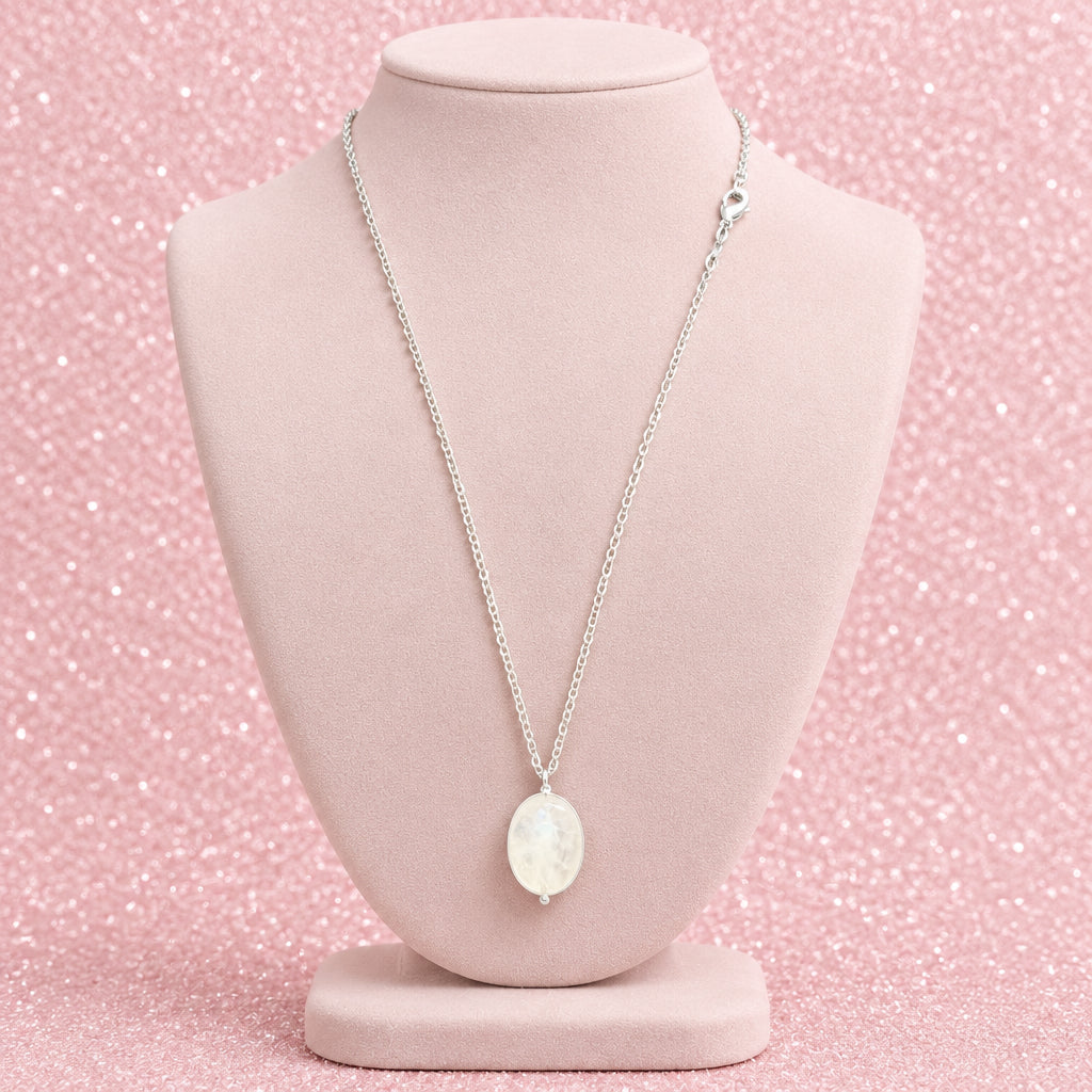 Minimalist Oval Rose Quartz Pendant on Silver Tone Link Chain Necklace