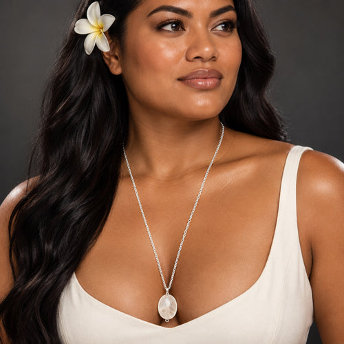 Minimalist Oval Rose Quartz Pendant on Silver Tone Link Chain Necklace