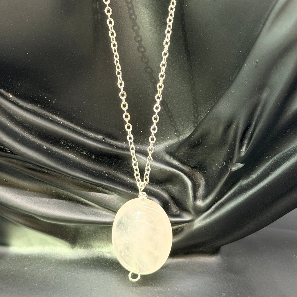Minimalist Oval Rose Quartz Pendant on Silver Tone Link Chain Necklace