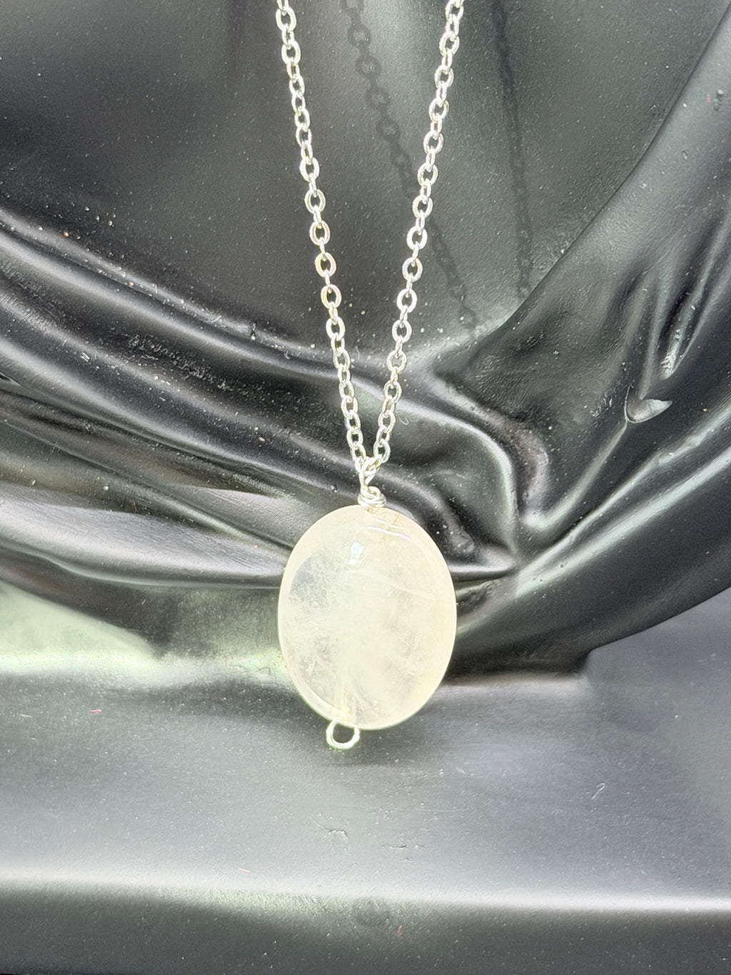 Minimalist Oval Rose Quartz Pendant on Silver Tone Link Chain Necklace