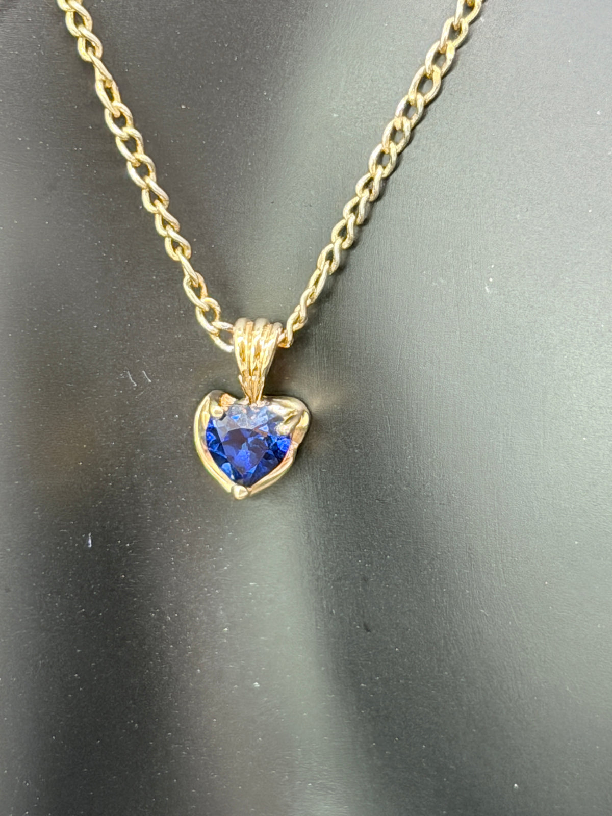 Vintage 10k Yellow Gold & Sapphire Heart Pendant on 18k Gold Plated Sterling Silver Chain