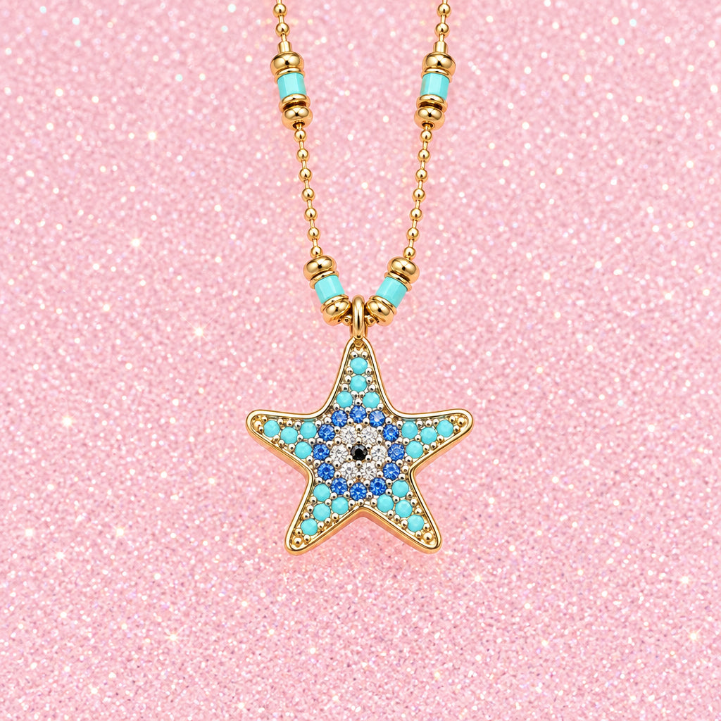 Vintage Gold Tone Anklet w/ Turquoise Bead Accents and Starfish Charm