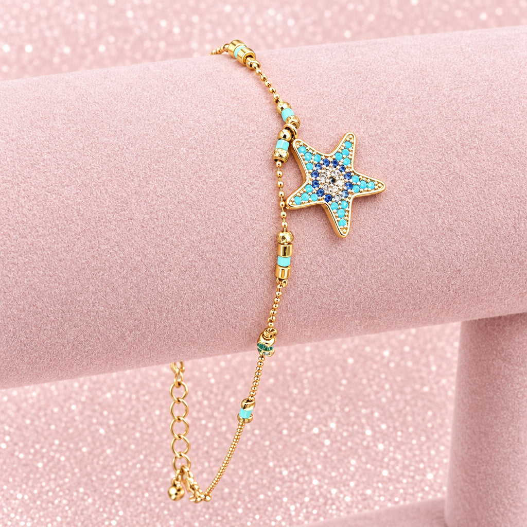 Vintage Gold Tone Anklet w/ Turquoise Bead Accents and Starfish Charm