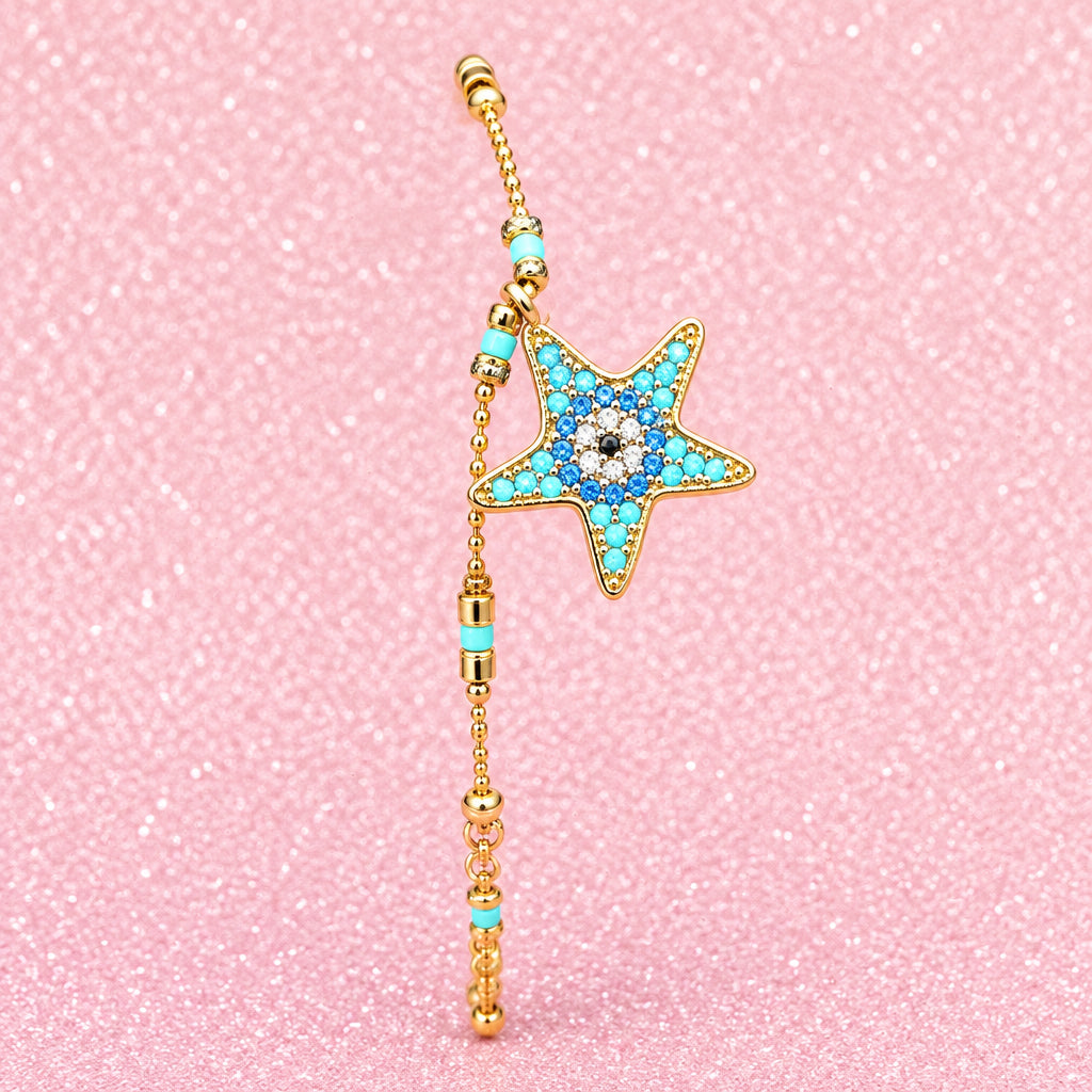 Vintage Gold Tone Anklet w/ Turquoise Bead Accents and Starfish Charm