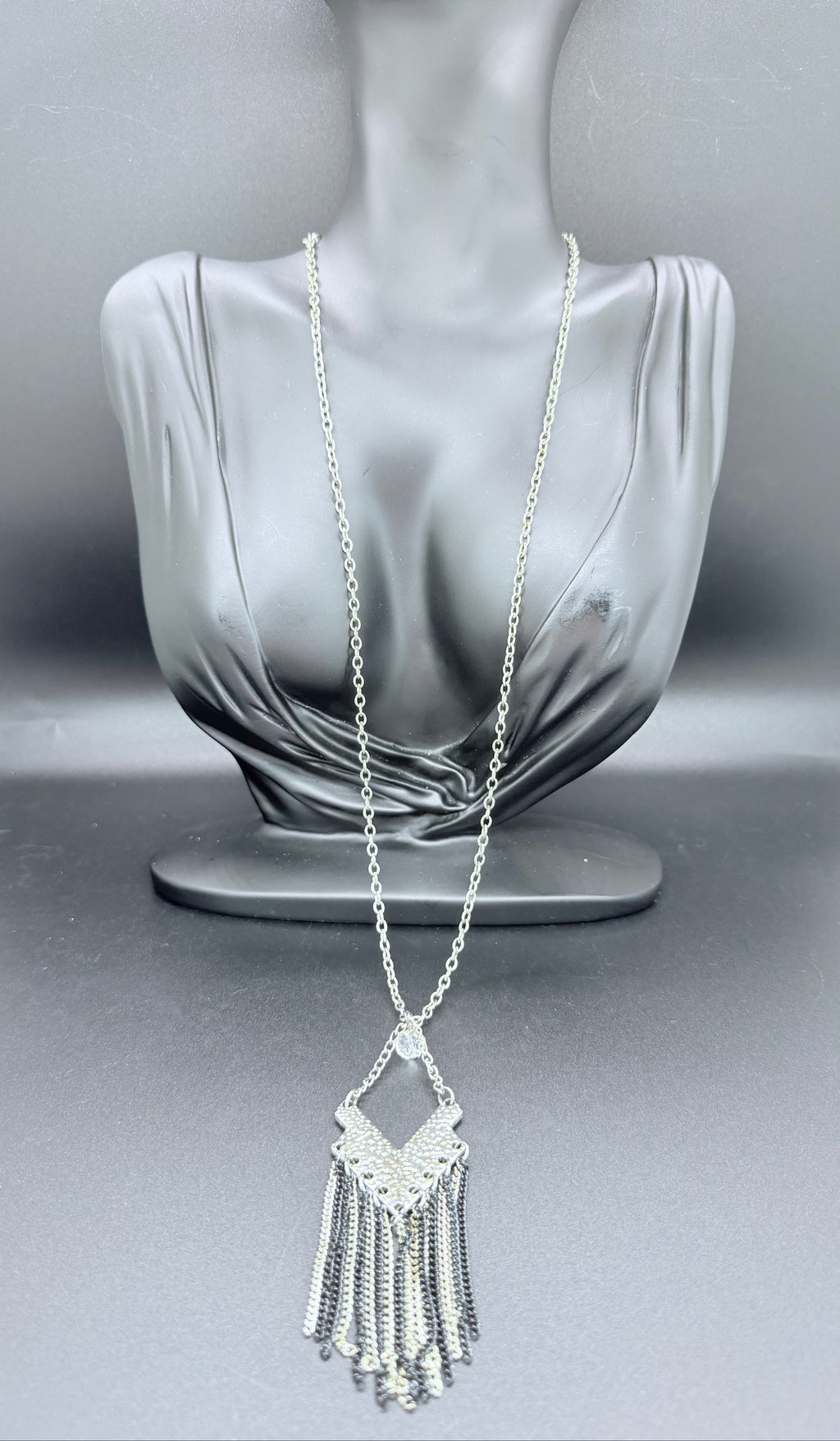 Vintage Geometric Silver Tone Pendant Necklace w/ Multi-Chain Tassel