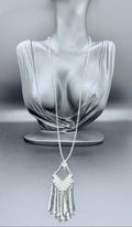 Vintage Geometric Silver Tone Pendant Necklace w/ Multi-Chain Tassel