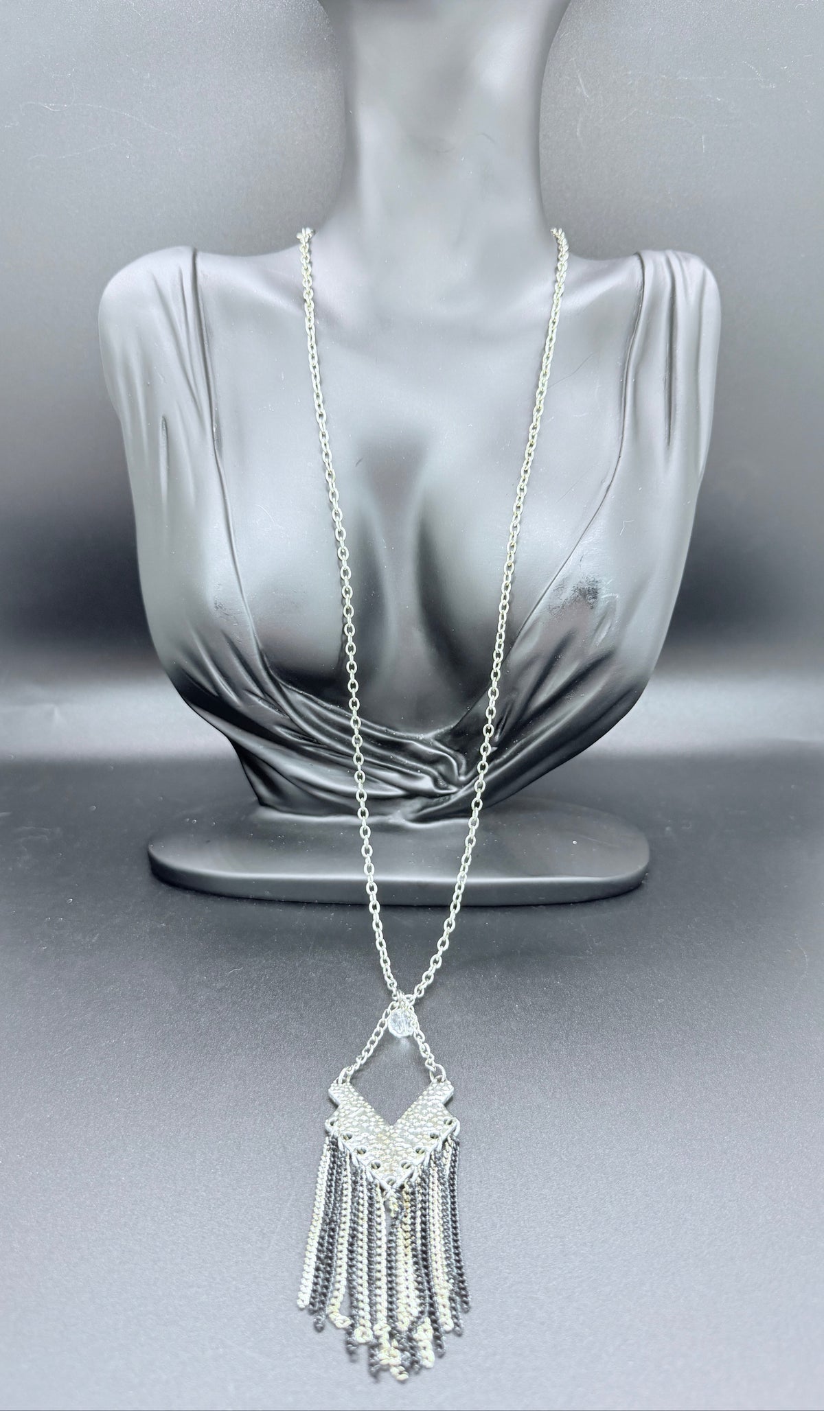Vintage Geometric Silver Tone Pendant Necklace w/ Multi-Chain Tassel