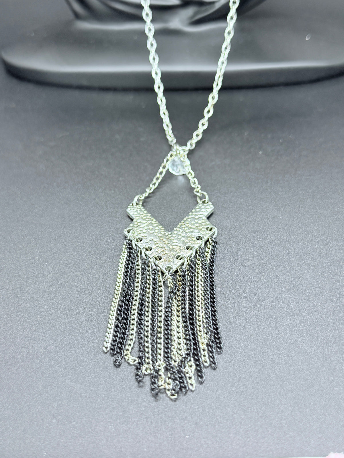 Vintage Geometric Silver Tone Pendant Necklace w/ Multi-Chain Tassel