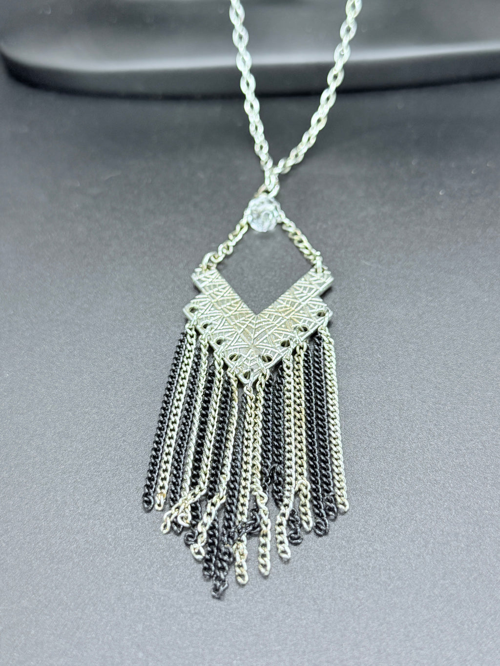 Vintage Geometric Silver Tone Pendant Necklace w/ Multi-Chain Tassel
